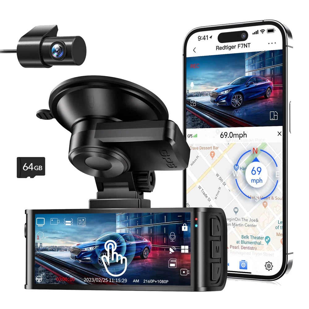 REDTIGER F7NT MAX Touch Screen 4K Dash Cam Front and Rear, Wi-Fi GPS, 64GB SD Card