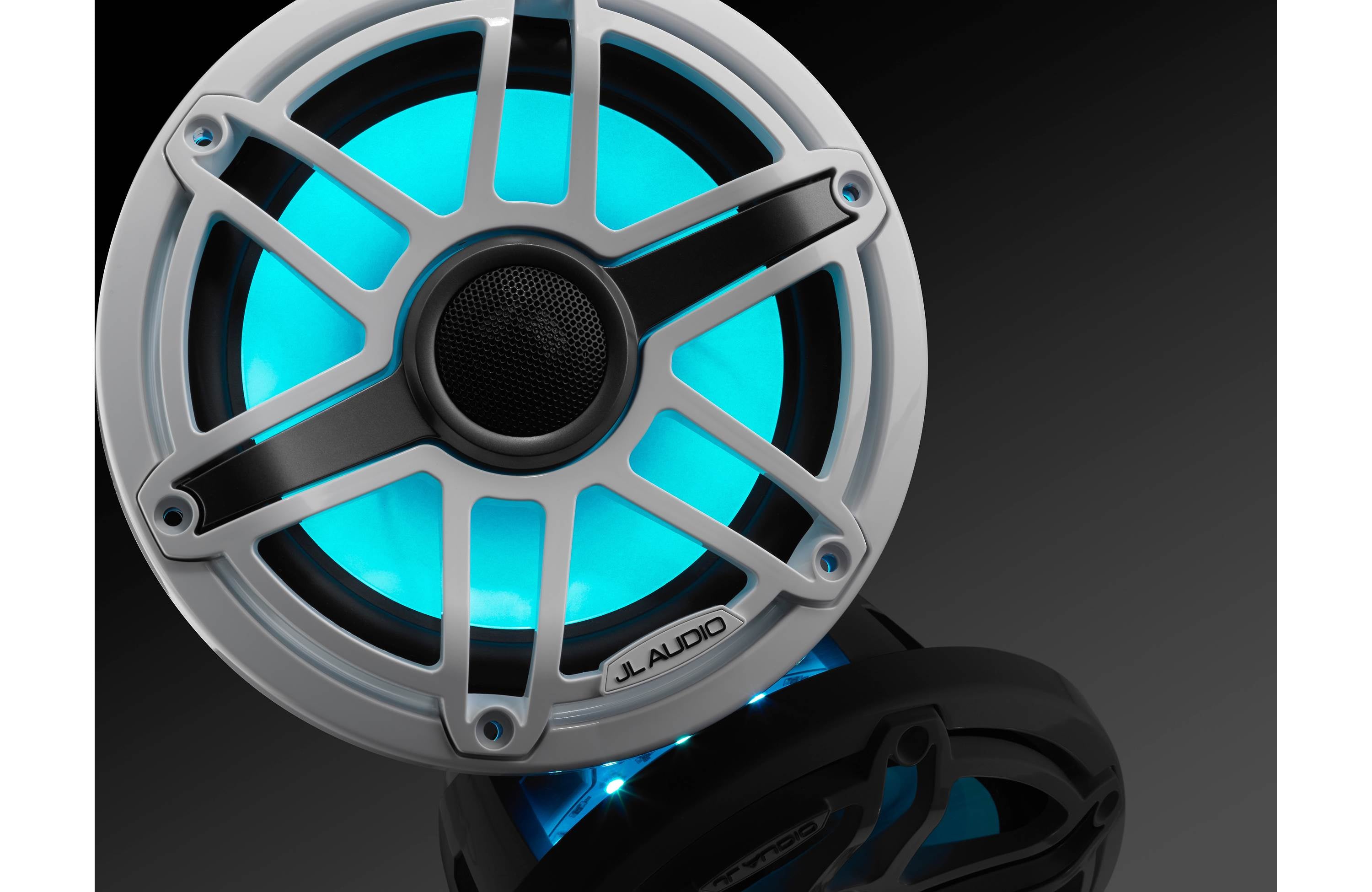 JL Audio M6-770X-S-GWGW-I 7.7" Marine Coaxial Speakers, Gloss White Trim and Sports Grille with LED Lighting - Freemans Car Stereo