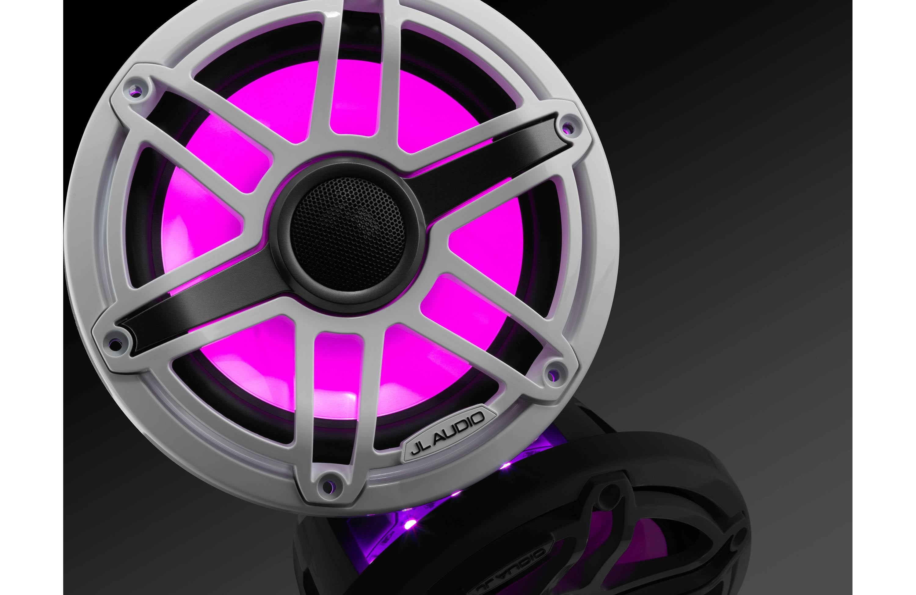 JL Audio M6-770X-S-GWGW-I 7.7" Marine Coaxial Speakers, Gloss White Trim and Sports Grille with LED Lighting - Freemans Car Stereo